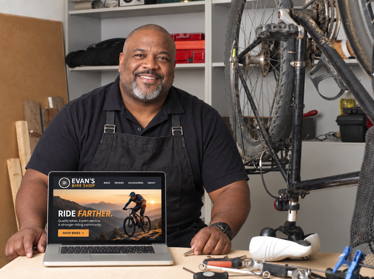 Independent bike-shop owner presenting his business website